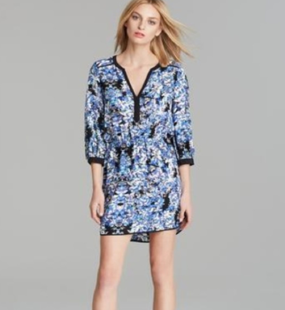 Parker XS Floral Silk V Neck Mini Sun Dress Blue Hue Floral Silk Indie Chic